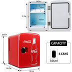 Coca-Cola Classic Coke Bottle 4L Mini Fridge w/ 12V DC and 110V AC Cords, 6 Can Portable Cooler, Personal Travel Refrigerator for Snacks Lunch Drinks Cosmetics, Desk Home Office Dorm, Red
