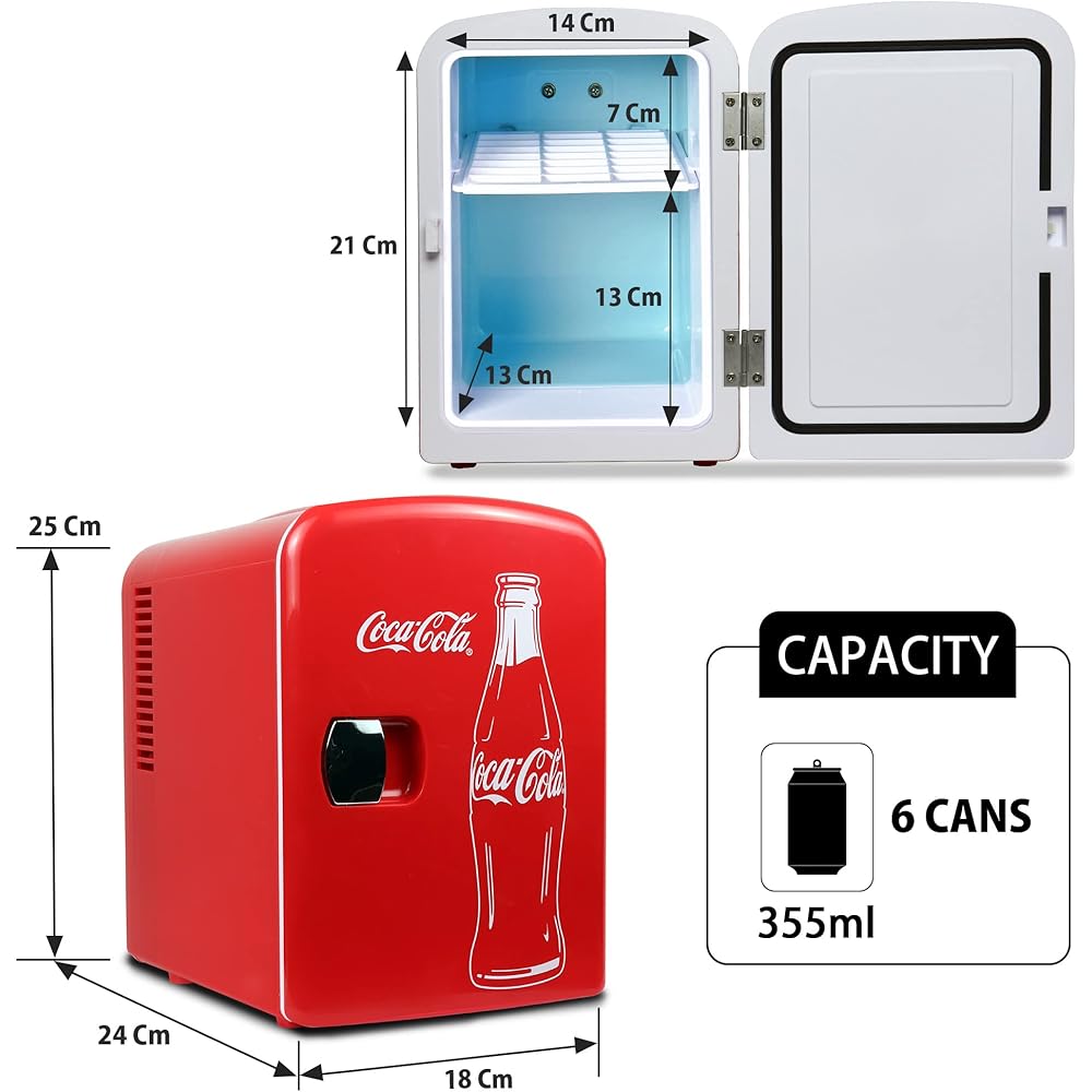 Coca-Cola Classic Coke Bottle 4L Mini Fridge w/ 12V DC and 110V AC Cords, 6 Can Portable Cooler, Personal Travel Refrigerator for Snacks Lunch Drinks Cosmetics, Desk Home Office Dorm, Red