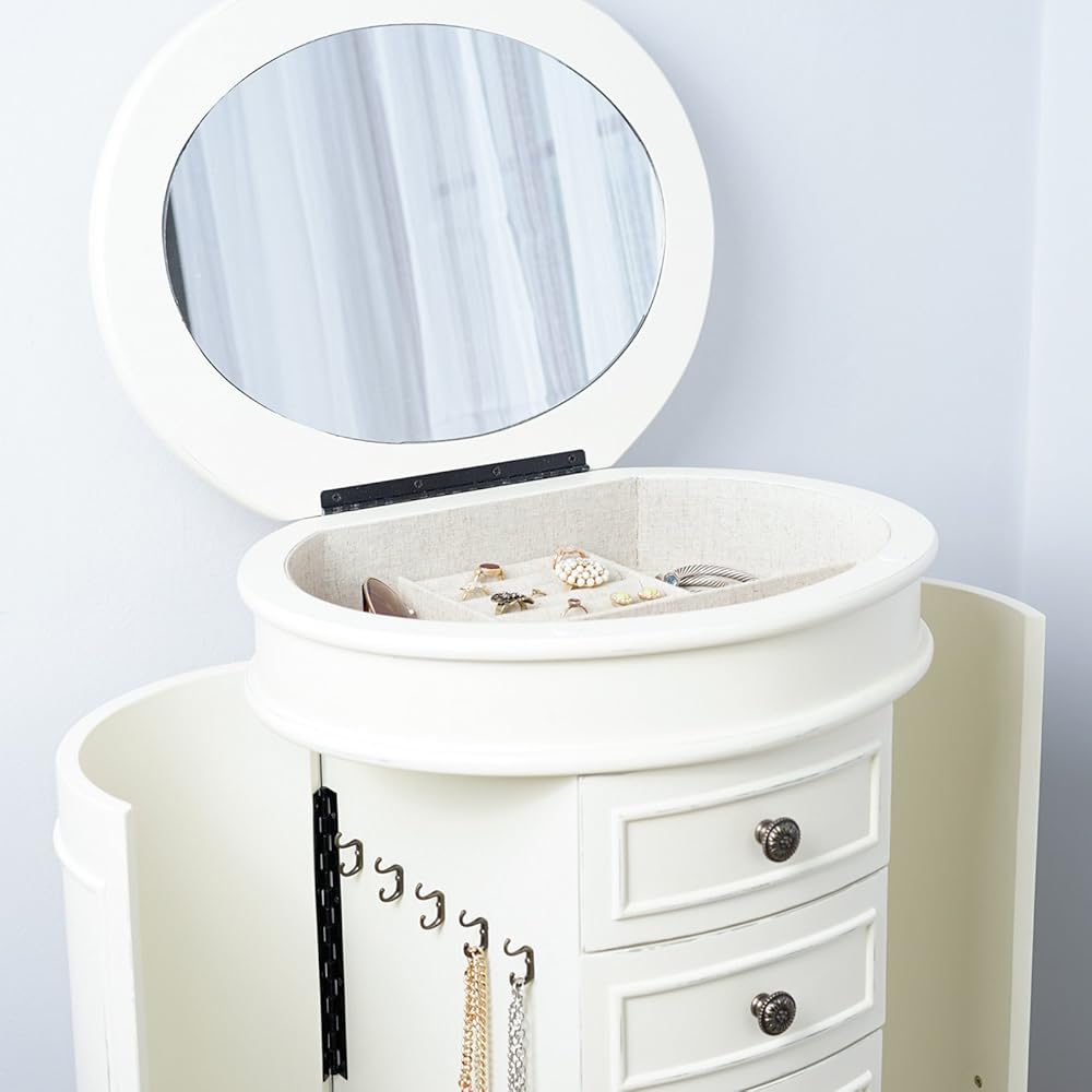 Hives and Honey Blair Oval Standing Jewelry Armoire, Organizer with Mirror Lid, Side Doors, 7 Drawers, Jewelry Box for Necklaces, Earrings, Bracelets, Ivory
