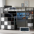 Full Size Loft Bed with Desk, Stairs & LED Light, Metal Gaming Loft Bed Frame with Headboard, Safety Guardrails, Charging Station, Closet & Fabric Drawers, Space Saving, Black & Burnt Wood