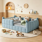 Queen Upholstered Floor Bed with Fence, Blue