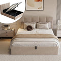 Queen Size Lift-Up Hydraulic Storage Bed, Beige Linen Upholstered Platform Bed with Vertical Channel Headboard, Wooden Slat Support, No Box Spring Needed, Easy Assembly