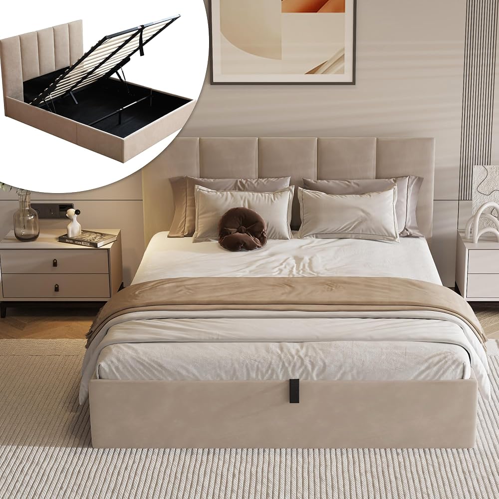Queen Size Lift-Up Hydraulic Storage Bed, Beige Linen Upholstered Platform Bed with Vertical Channel Headboard, Wooden Slat Support, No Box Spring Needed, Easy Assembly