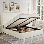 Queen Size Chenille Lift Up Hydraulic Storage Bed Frame Cream White