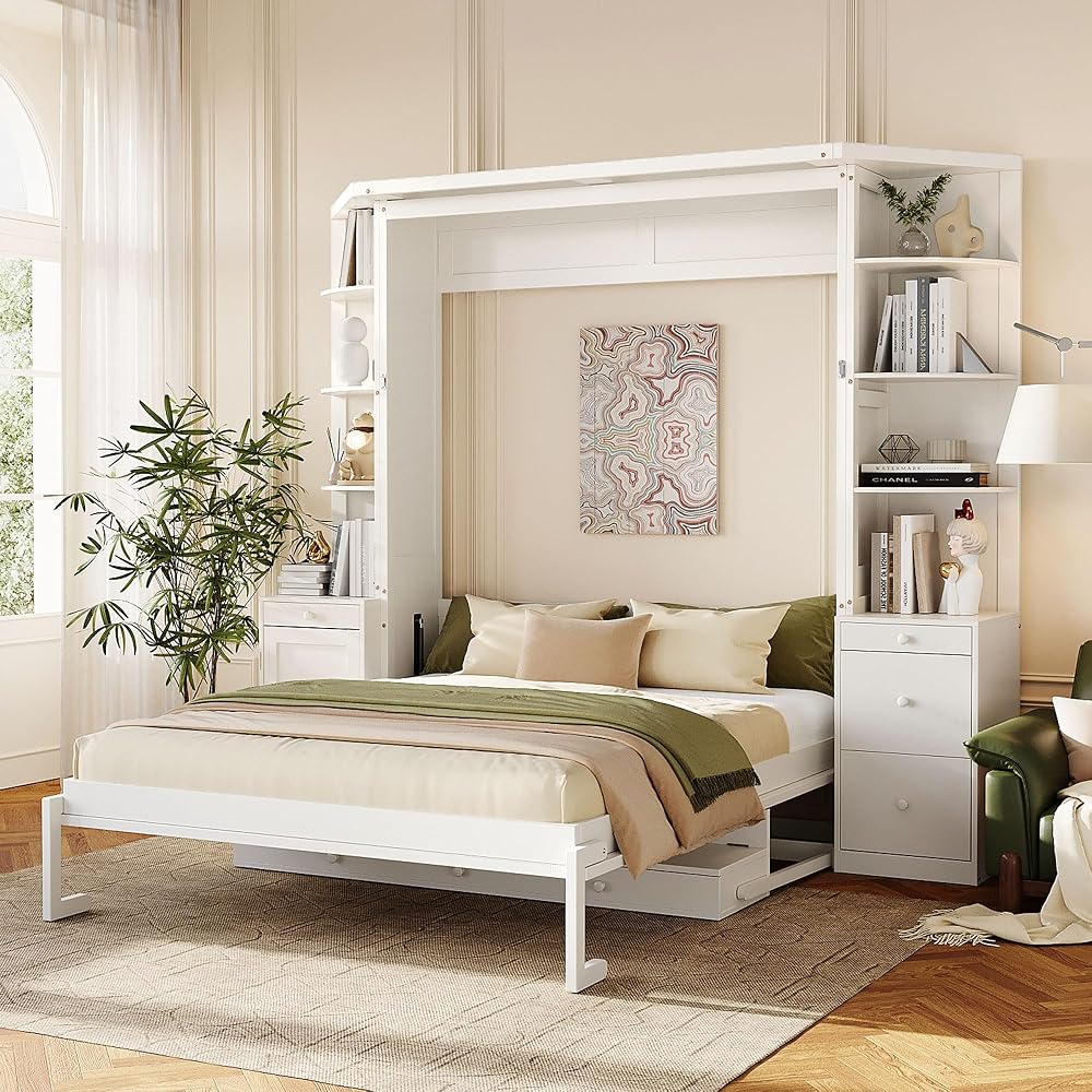 Queen Murphy Bed with Storage Shelves and Desk,Cabinets,Lights,White