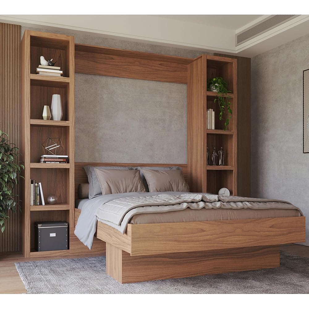 Easy-Lift Queen Murphy Wall Bed in Brown Wood Grain with Two Bookshelves