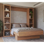 Easy-Lift Queen Murphy Wall Bed in Brown Wood Grain with Two Bookshelves