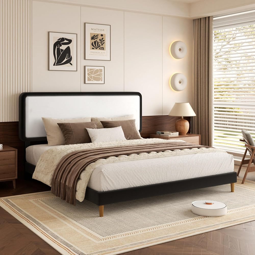 Full Size Bed Frame with Headboard, Color-Blocking Leather Platform Bed, Adjustable Upholstered Headboard, No Box Spring Required, Low Noise, Easy to Assemble, White