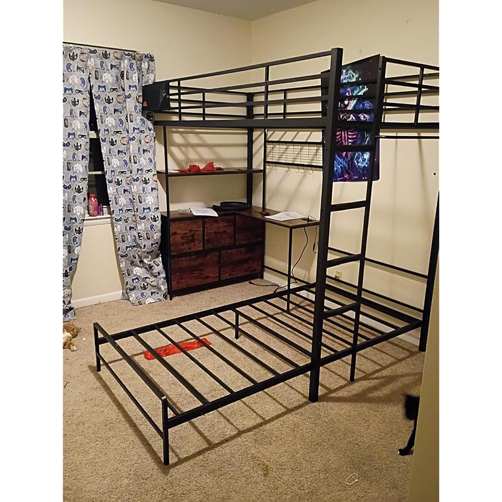 Bunk Bed Twin XL Over Twin with Desk,5 Storage Drawers and Charging Station