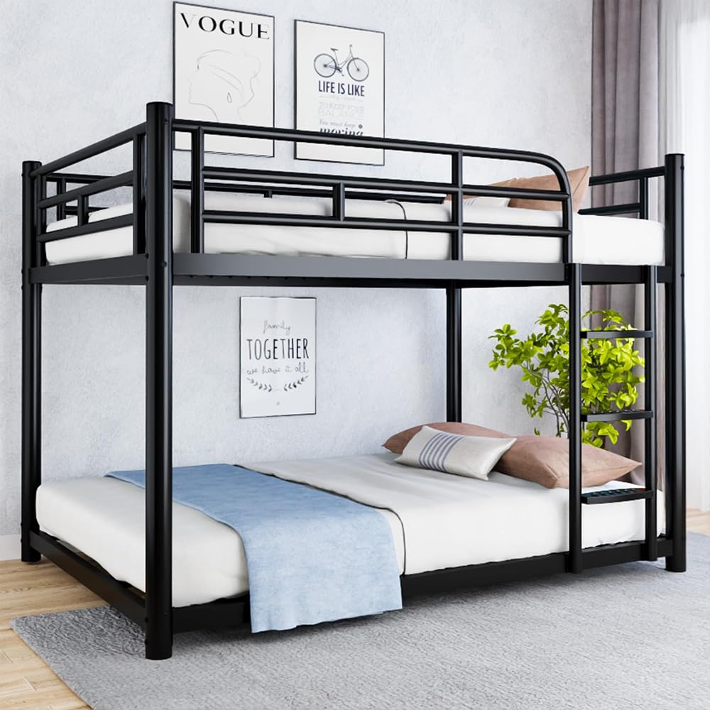 Metal Bunk Bed, Full Over Full Bunk Beds with Removable Wide Ladder and Full-Length Guardrails, Low Bunk Bed Frame with Mute Design for Undisturbed Sleep for Adults, Kids and Young Teens