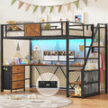 Stairway Twin Size Loft Bed with L Shaped Desk and Wardrobe, Metal Loft Bed Frame with Storage Stairs, 3 Fabric Drawers, LED Lights & Charging Sation (Rustic Brown, Twin)