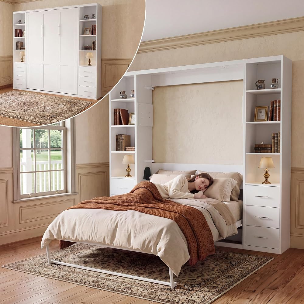 Queen Murphy Bed with 2 Bookcase, Space-Saving Wall Bed, White