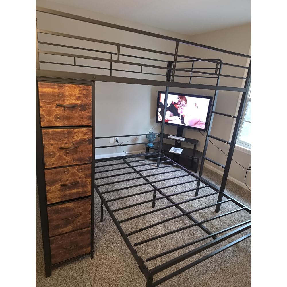 Full Size Bunk Bed with Desk, 5 Drawers, Charging Station, Black