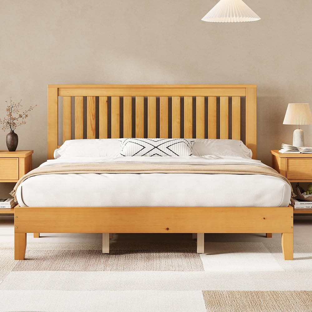 Solid Wood King Size Bed Frame with 46" Headboard, Light Wood