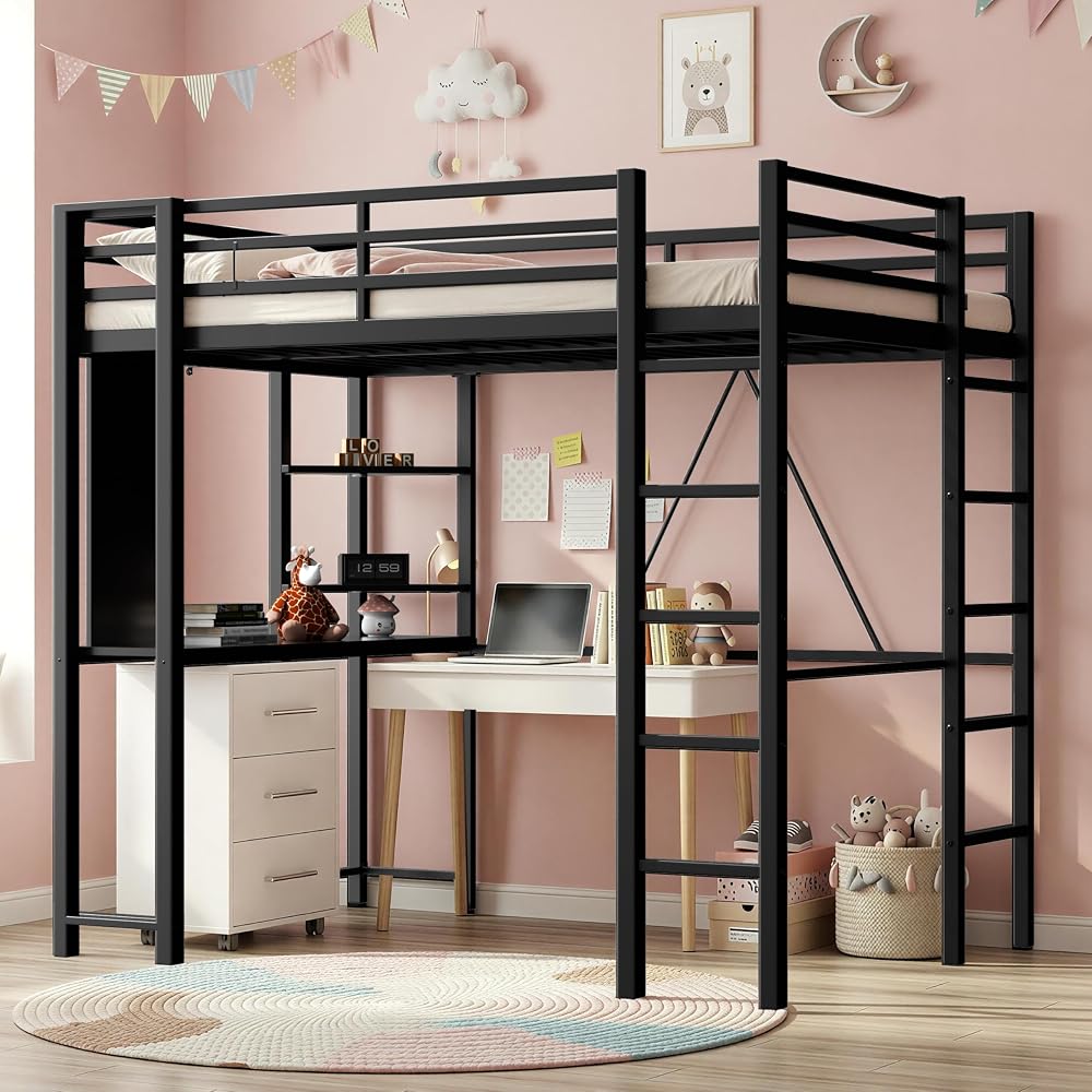 Twin Size Loft Bed with Desk, 13" Guardrails, Noise-Free, Black