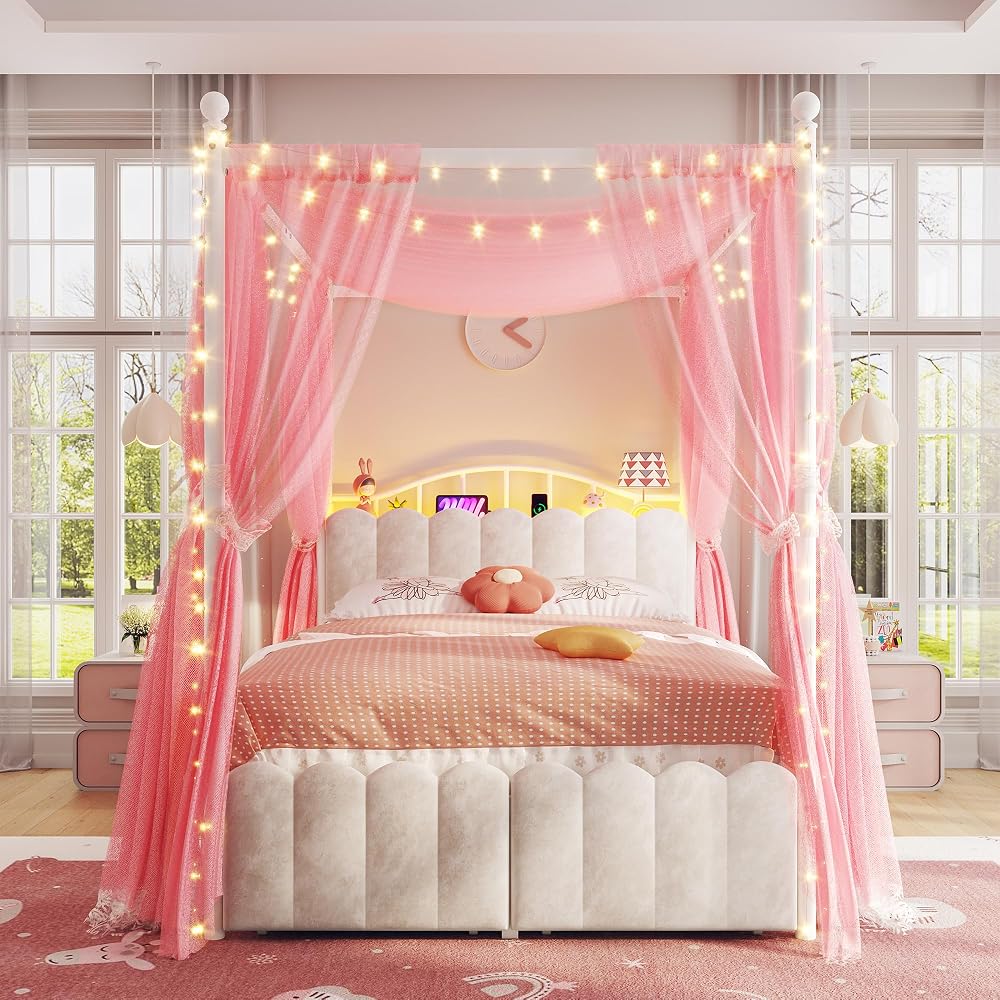 Full Canopy Bed Frame with 2 Drawers & LED & Charging,White