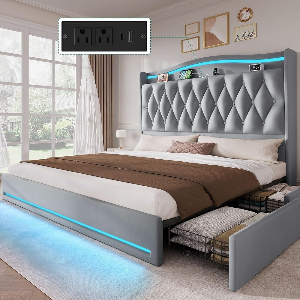 King Size Bed Frame with 4 Storage Drawers and RGB LED Lights