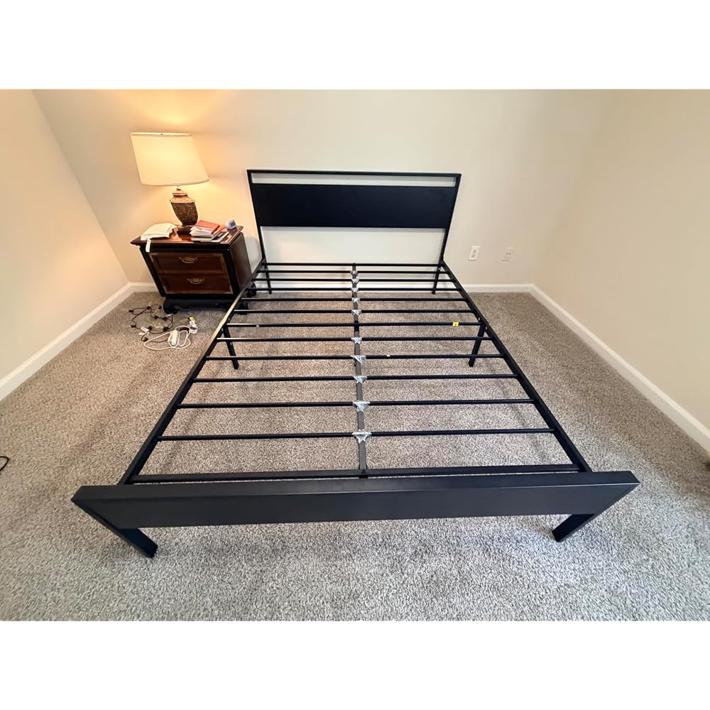 14 Inch Queen Size Metal Platform Bed Frame with Wooden Headboard and Footboard, Mattress Foundation, No Box Spring Needed, Large Under Bed Storage, Non-Slip Without Noise, Mahogany