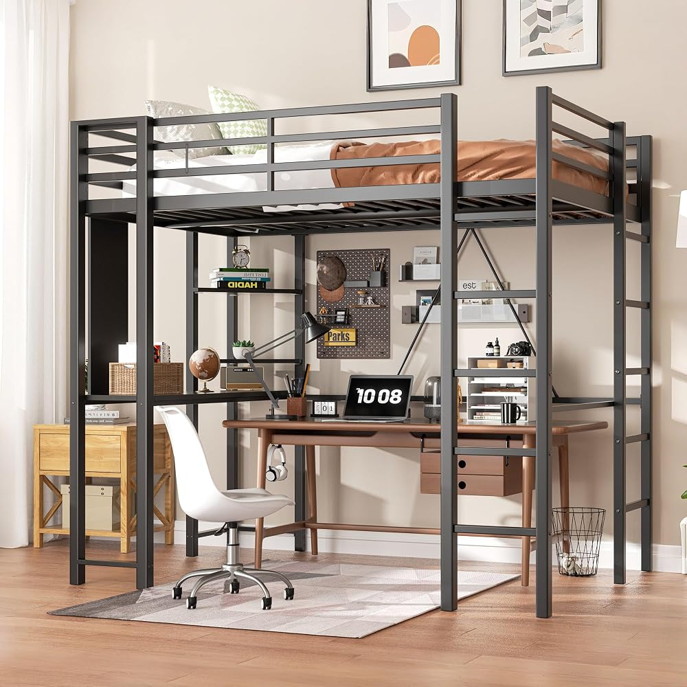 Loft Bed Full Size with Desk and Storage Shelves, Frame with 2 Side Ladders for Kids, Teens Adults, Spcace-Saving Noise-Free and Anti-tilt Design, Black