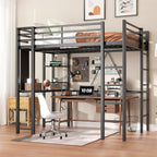 Loft Bed Full Size with Desk and Storage Shelves, Frame with 2 Side Ladders for Kids, Teens Adults, Spcace-Saving Noise-Free and Anti-tilt Design, Black