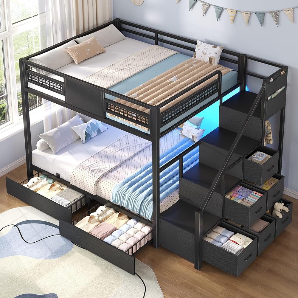 Bunk Bed Full Over Full with Stairs, Storage Drawers and LED Lights