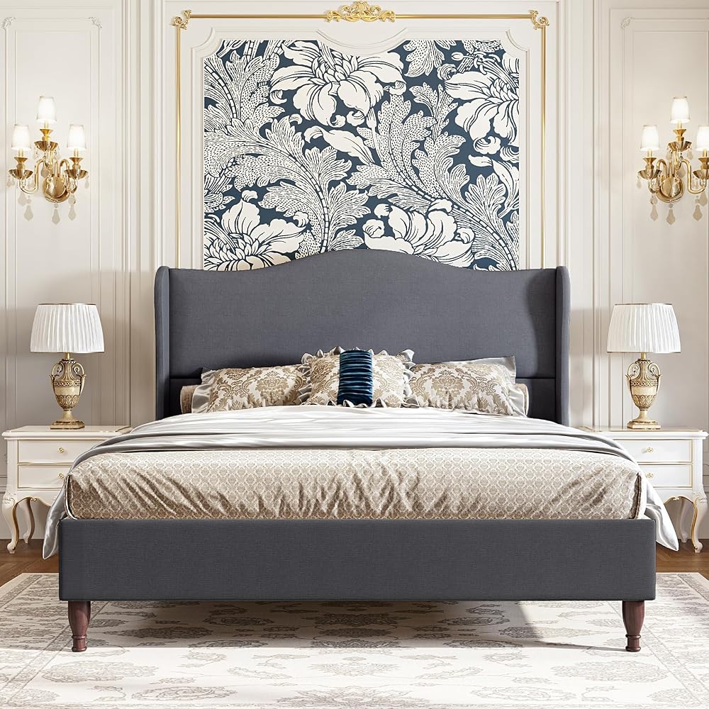 Queen Size Upholstered Bed Frame with 51'' Tall Headboard, Grey