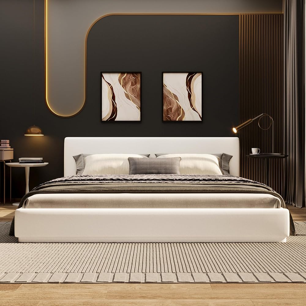 King Size Upholstered Bed with Velvet Fabric, Modern Upholstered Platform Bed with Headboard and Solid Frame for Bedroom, No Box Spring Needed, White