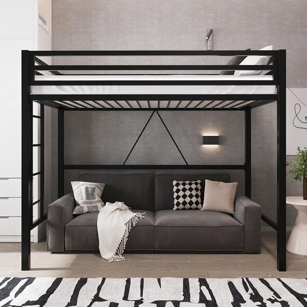 Metal Loft Bed Twin Size with Guardrail and Ladder,Black