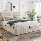 Gas Lift Up Storage Platform Bed, Upholstered Bed Frame with Hydraulic Storage System and Wooden Slat Support, Queen Size, Beige