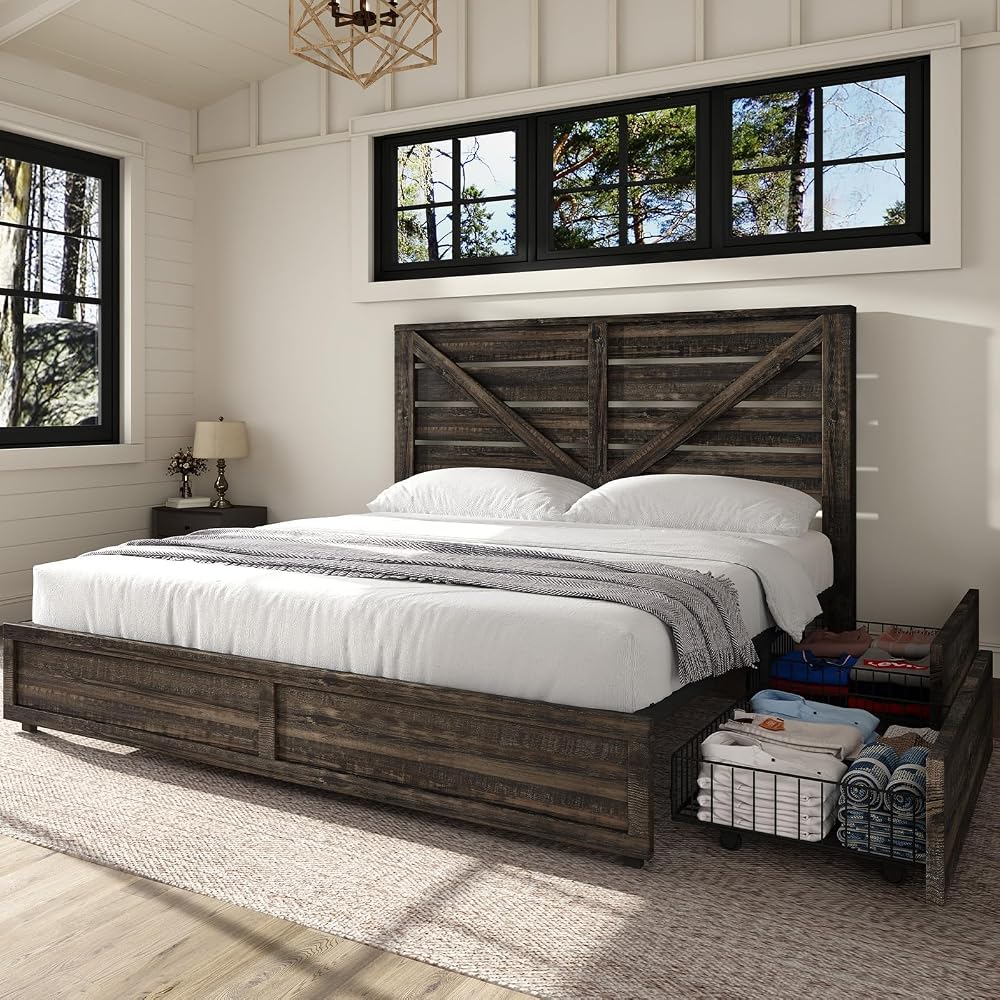 Queen Size Farmhouse Bed Frame with 4 Storage Drawers
