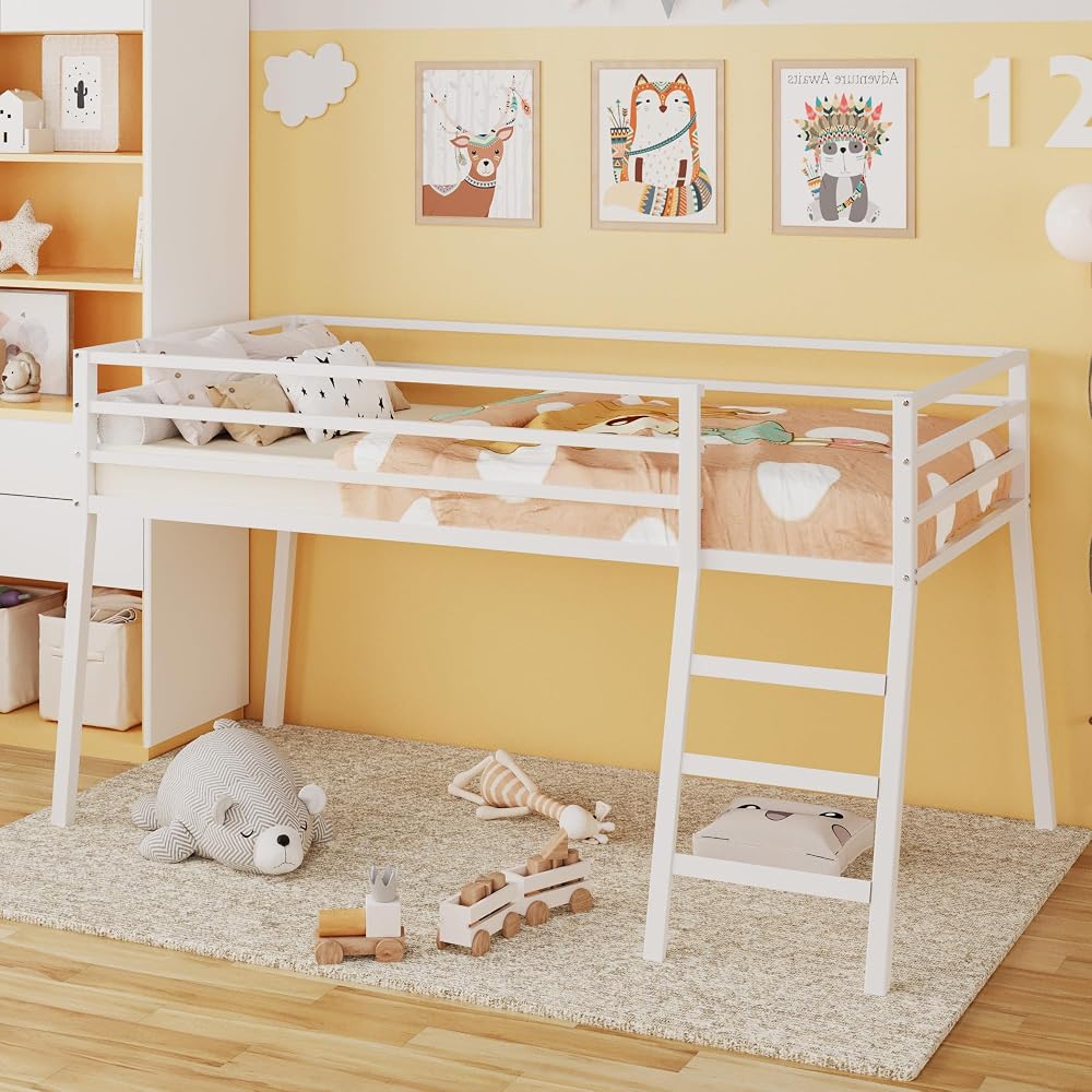 Loft Bed Twin Size with Stairs and Guard, White