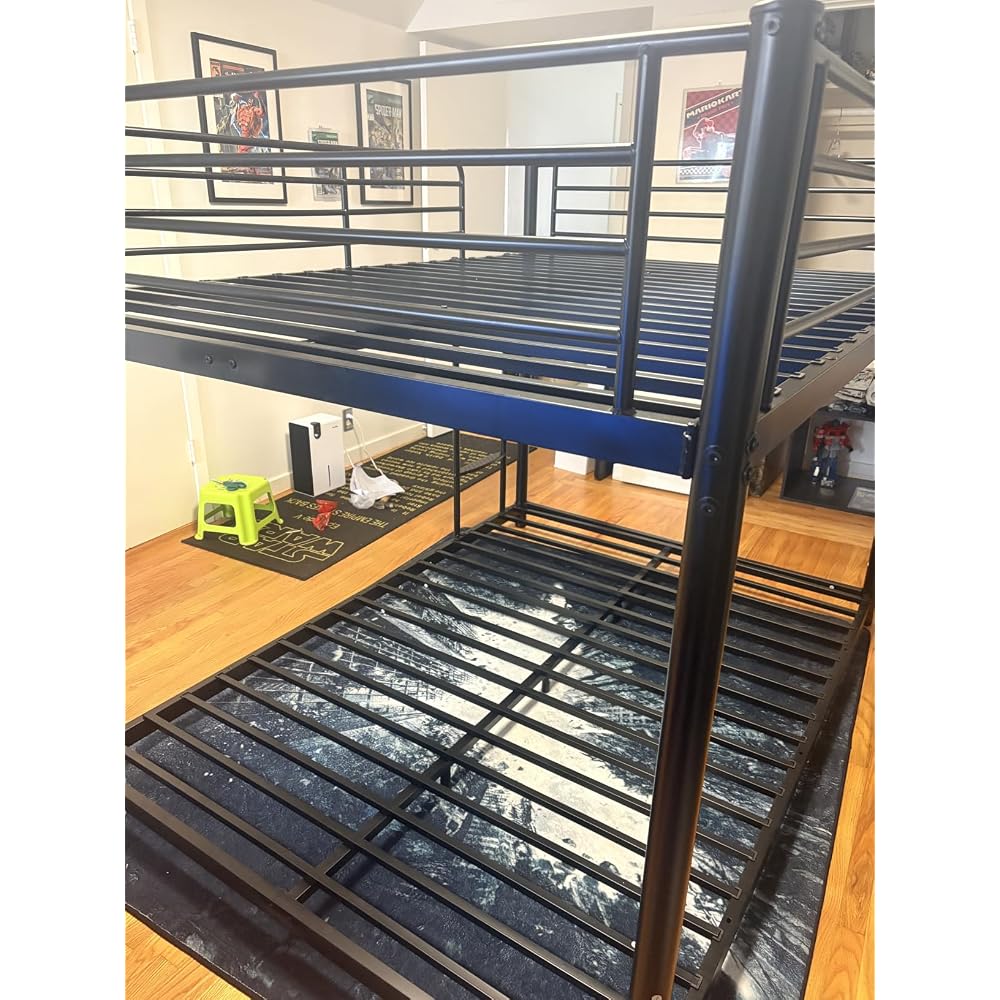 Metal Bunk Bed, Full Over Full Bunk Beds with Removable Wide Ladder and Full-Length Guardrails, Low Bunk Bed Frame with Mute Design for Undisturbed Sleep for Adults, Kids and Young Teens