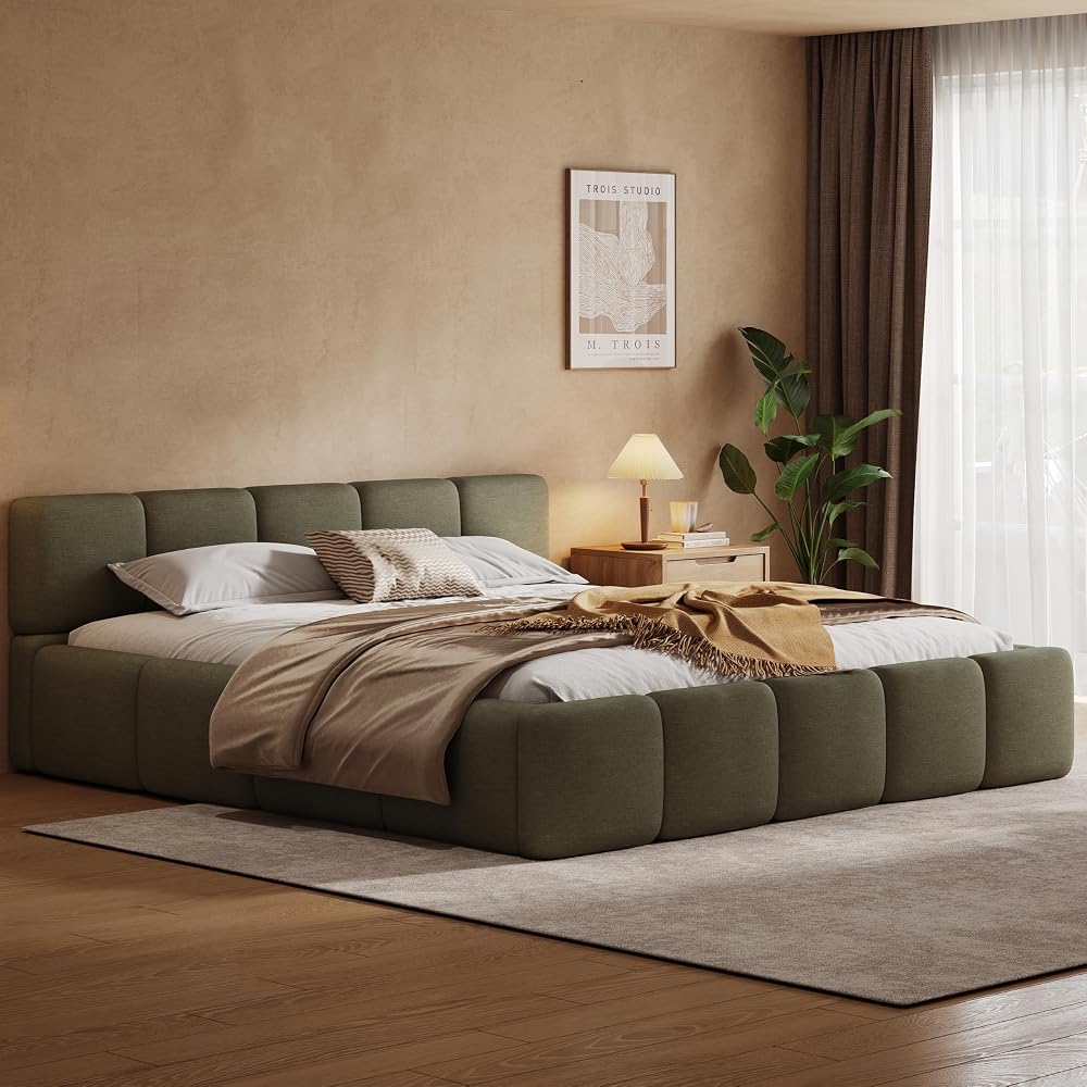 California King Boucle Platform Bed with Thick Headboard, Green