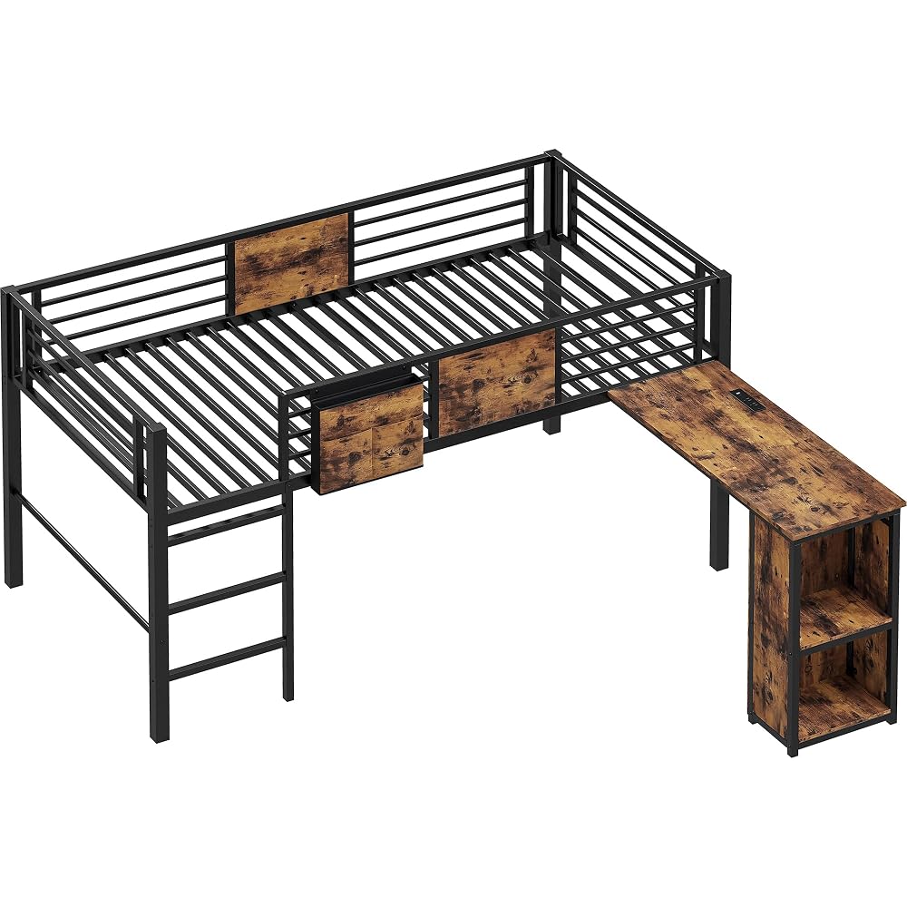 Low Loft Bed Twin Size with Desk & 25 Heavy-Duty Steel Slats