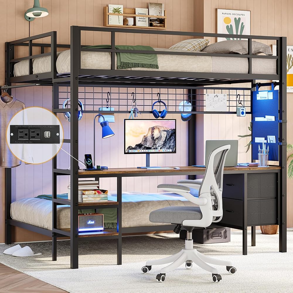Bunk Bed Full Over Twin with Desk, Led Lights and Charging Station,Black