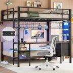 Bunk Bed Full Over Twin with Desk, Led Lights and Charging Station,Black