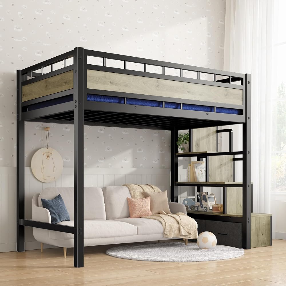Heavy Duty Loft Bed Twin Size Bunk Bed with Storage Cabinet, Black