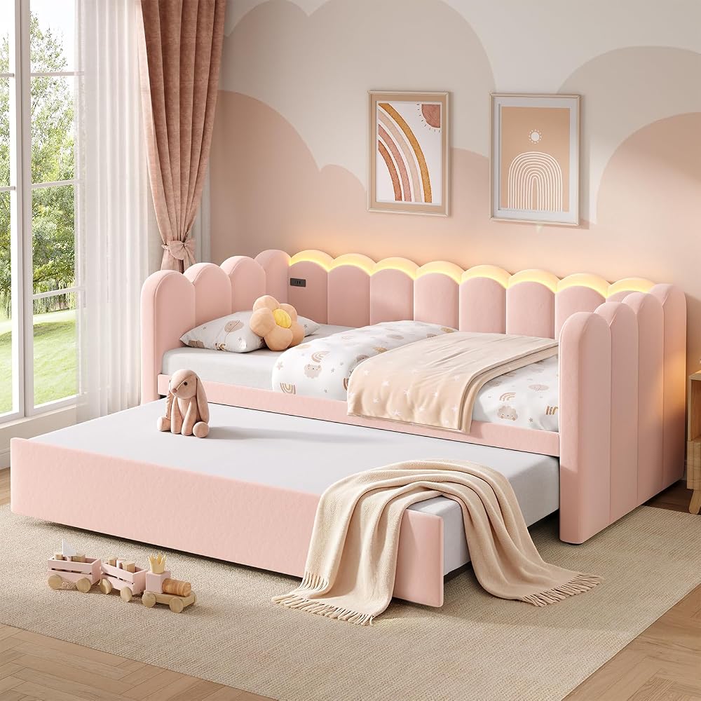 Twin Velvet Upholstered Daybed with Pop Up Trundle, Twin Size Sofa Day Bed with LED Light & USB Port, Waved-Shape & Vertical Stripes Design, for Living Room, Bedroom, Guest Room, Pink