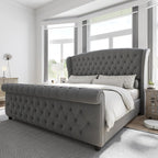 Queen Size Upholstered Sleigh Bed Frame with Wingback Headboard