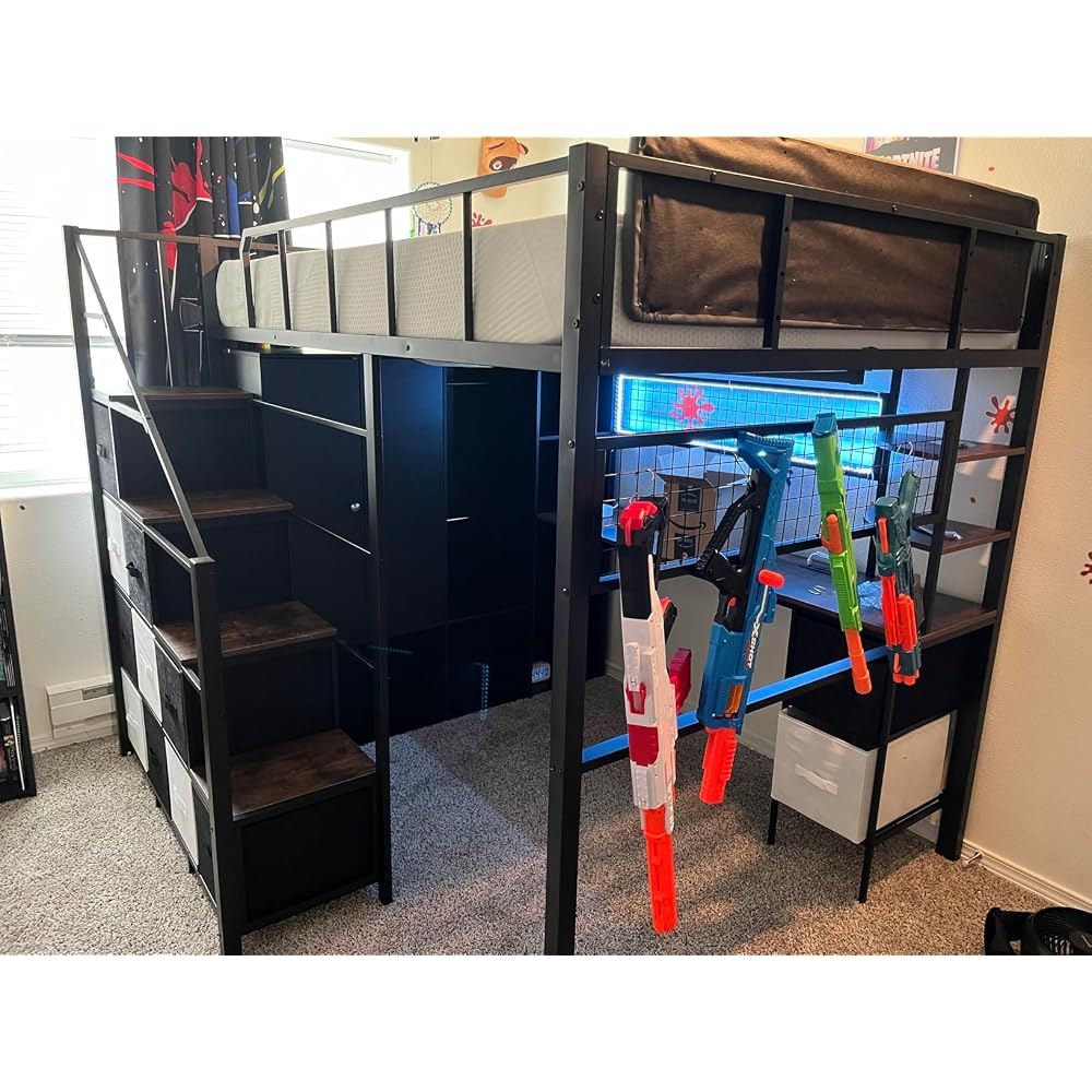 Full Size Loft Bed with Desk, Stairs & LED Light, Metal Gaming Loft Bed Frame with Headboard, Safety Guardrails, Charging Station, Closet & Fabric Drawers, Space Saving, Black & Burnt Wood