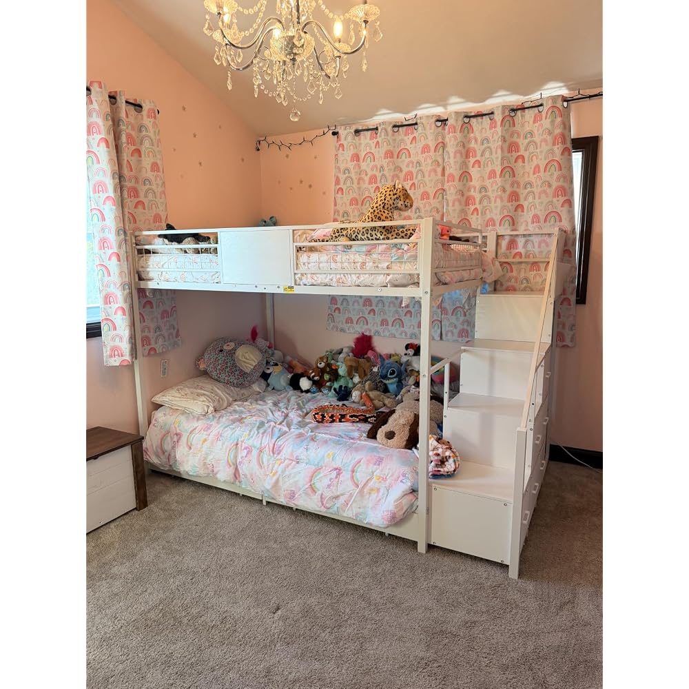Bunk Bed Full Over Full with Stairs, Storage Drawers and LED Lights