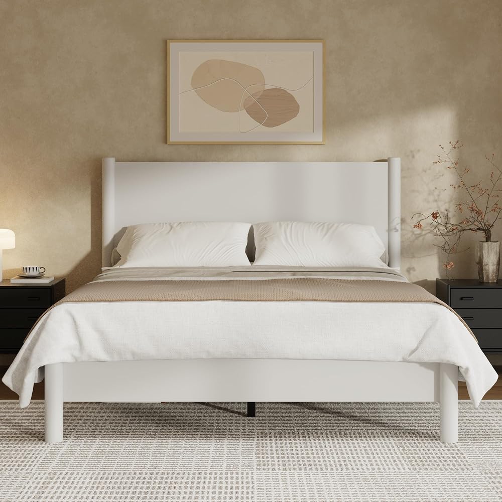 King Size Platform Bed Frame with Wood Headboard, White
