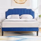 Full Upholstered Platform Bed Frame with Tufted Adjustable Headboard/Mattress Foundation/Wood Slat Support,Easy Assembly,Navy Blue
