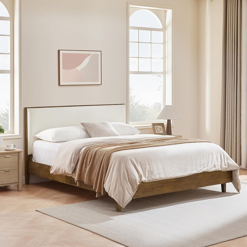 Queen Size Platform Bed, with Boucle Upholstered Headboard, Walnut