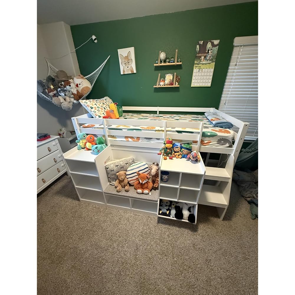 Low Loft Bed Twin Size with LED Lights, Wooden Kids Twin Loft Bed with Storage Bookcase, Toy Box, Reading Nook and Secret Play Space, Modern loft Bed with Stairs and Safety Guardrails for Boys Girls