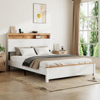 Farmhouse Wooden Bed Frame with Storage Headboard and Touch LED for Bedroom, Queen Size Platform Bed with Dual USB Ports and Metal Slats Support, No Box Spring Needed