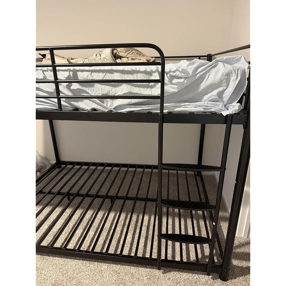 Metal Bunk Bed, Full Over Full Bunk Beds with Removable Wide Ladder and Full-Length Guardrails, Low Bunk Bed Frame with Mute Design for Undisturbed Sleep for Adults, Kids and Young Teens