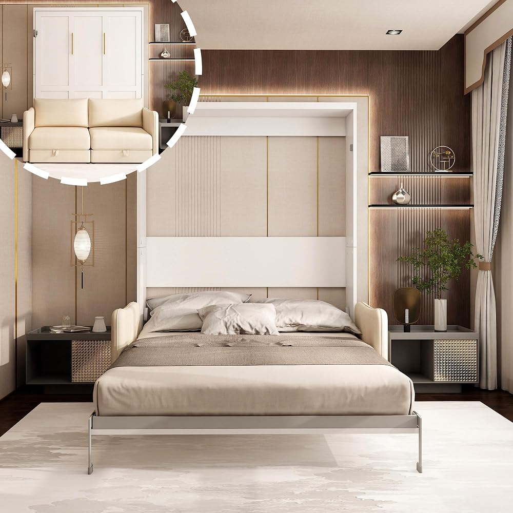 Queen Murphy Bed with Sofa, Space-Saving Wall Bed, Metal Frame, White