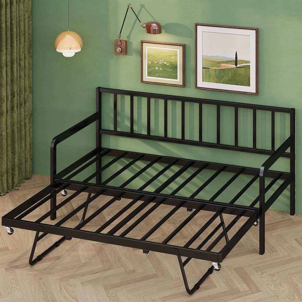 Twin Daybed with Pop Up Trundle, Metal Steel Slats, Black