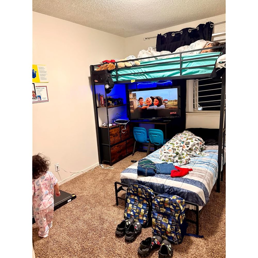 Bunk Bed Twin XL Over Twin with Desk,5 Storage Drawers and Charging Station